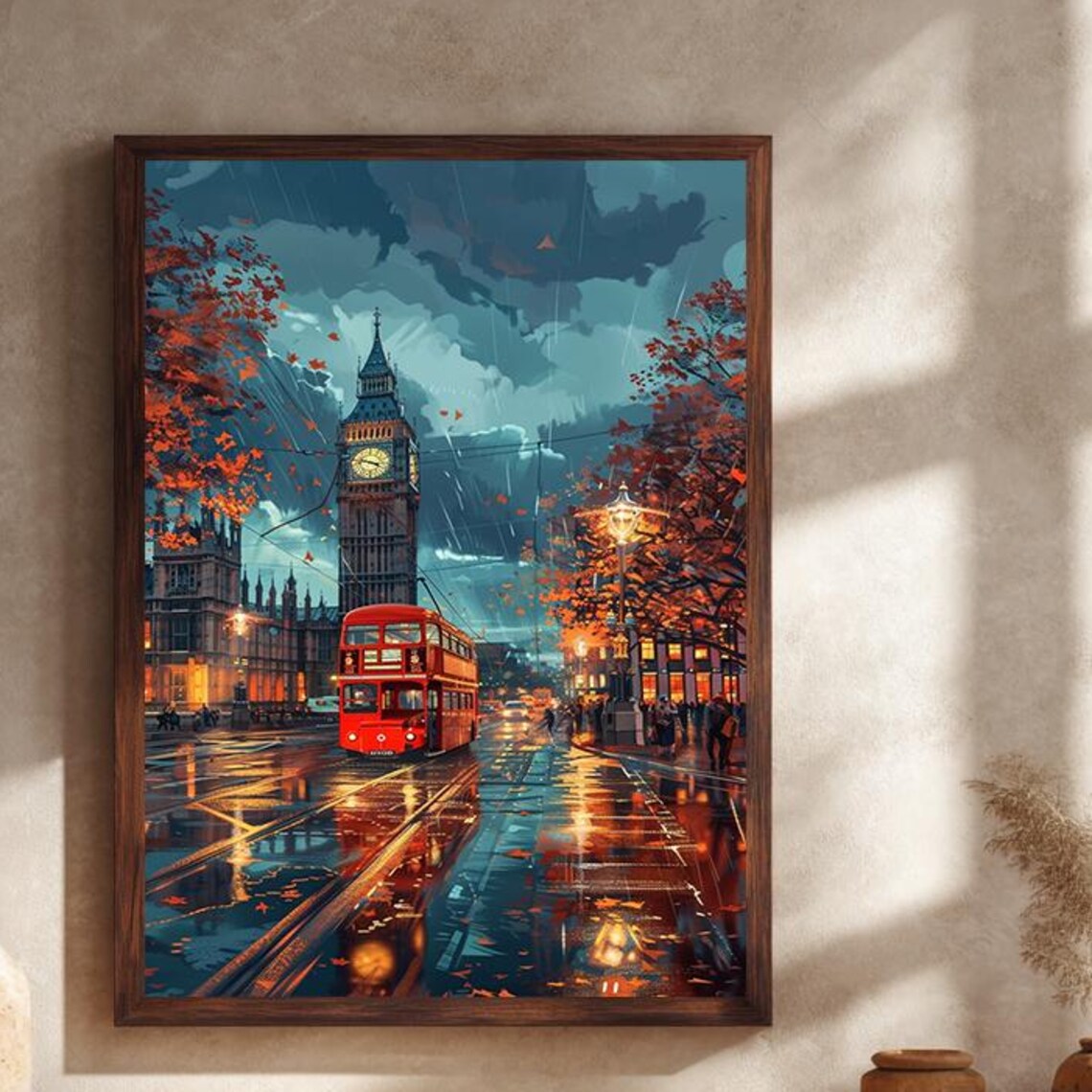 London Big Ben With Red Double Decker Bus In Autumn Rain Poster