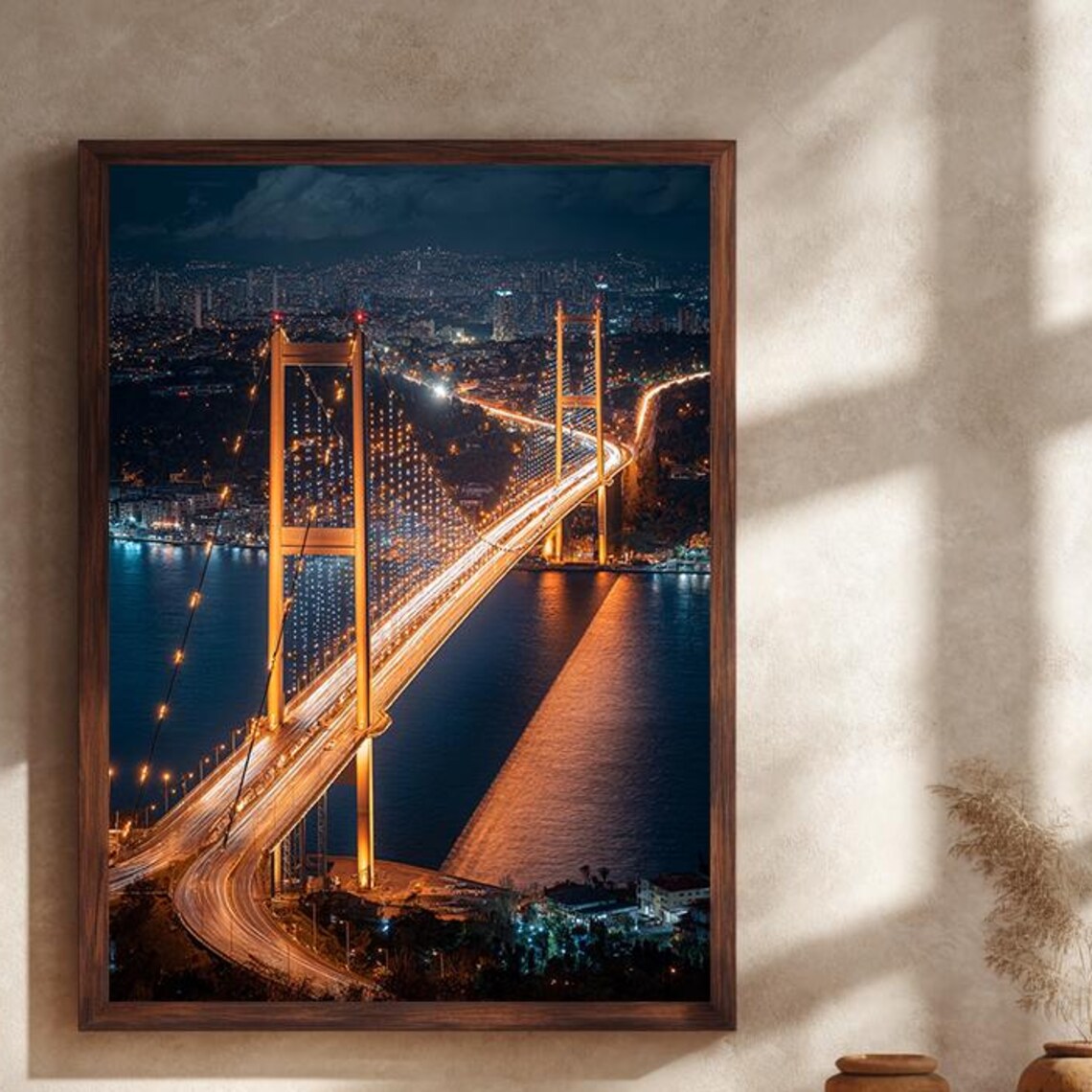 Golden Illuminated Bridge Night Poster Aerial City Lights Over Water Art