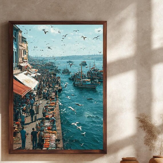 Istanbul Fish Market Canvas Wall Art Vibrant Seaside Bazaar Scene Print With Boats And Seagulls For Cultural Home Decor Poster
