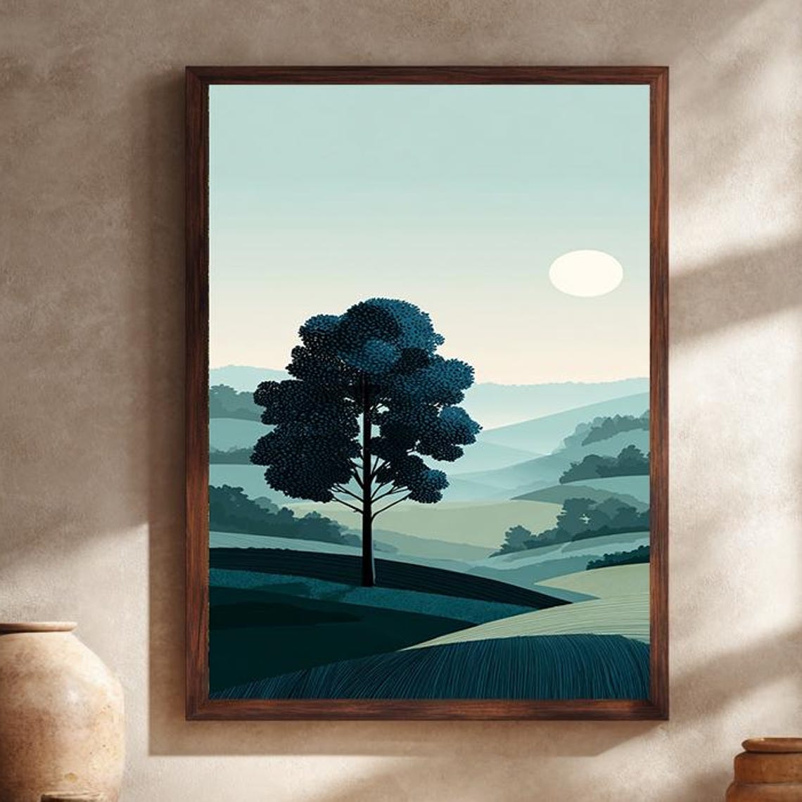 Minimal Tree Landscape Art Print With Blue Hills And Sun Modern Nature Illustration For Calm Serene Wall Decor