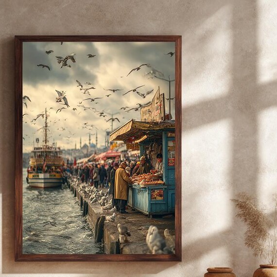 Istanbul Seaside Market Canvas Wall Art Vintage Fish Stall And Ferry Scene Print With Seagulls For Cultural Home Decor Poster
