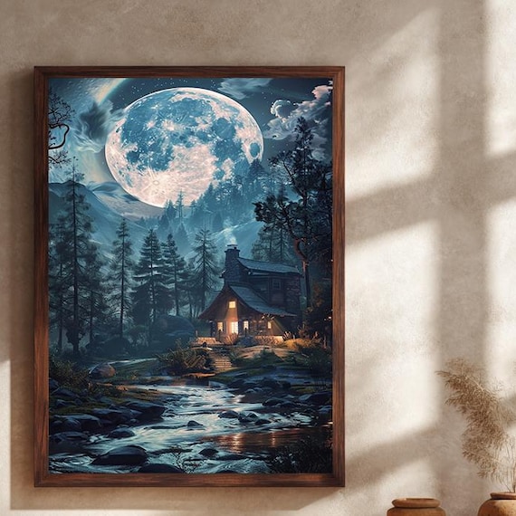 Moonlit Forest Cabin Beside Stream Under Giant Moon Night Poster