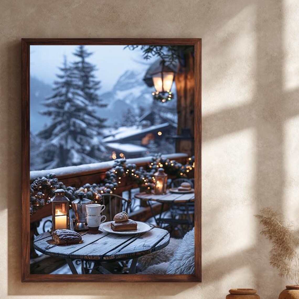 Cozy Winter Balcony Snowy Mountain Fairy Lights Chalet Holiday Poster