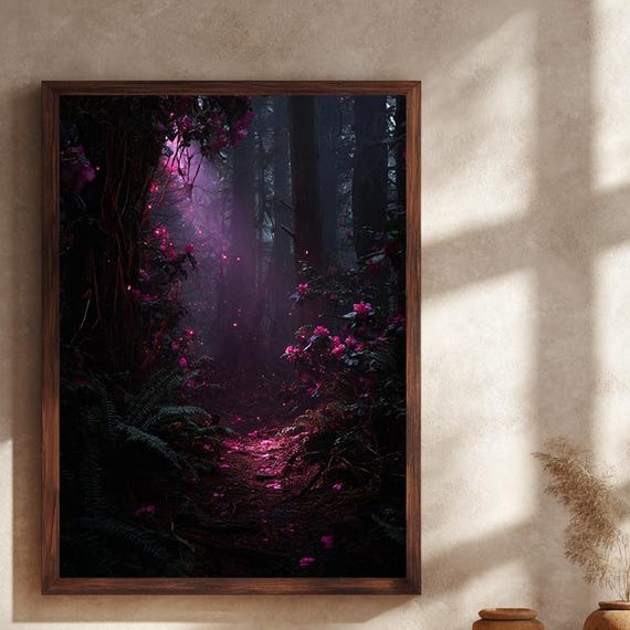 Magical Dark Forest Path Canvas Wall Art Fantasy Pink Light Glow Print Enchanted Mystical Nature Artwork For Dreamy Home Decor