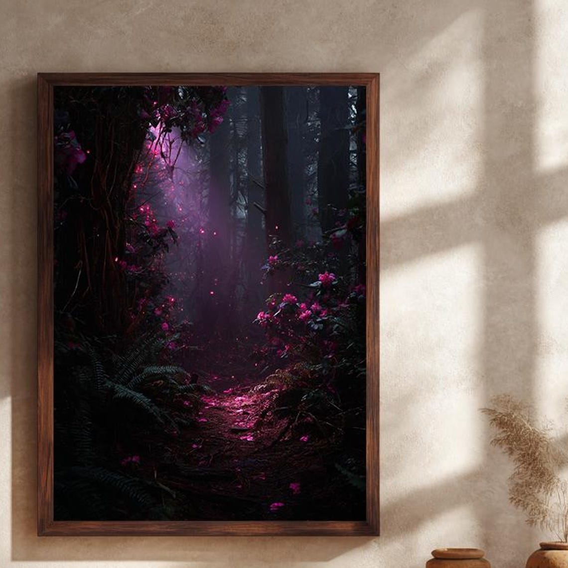 Magical Dark Forest Path Wall Poster, Enchanted Pink Glow Night Art