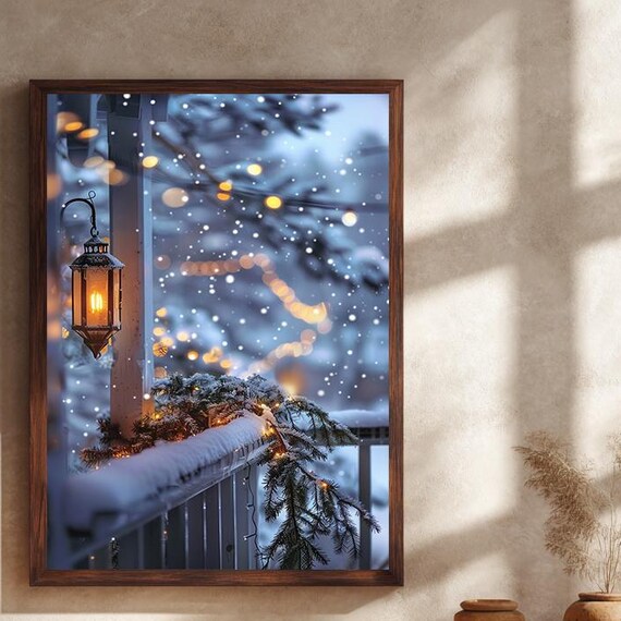 Snowy Porch Lantern Christmas Lights Holiday Winter Scene Poster