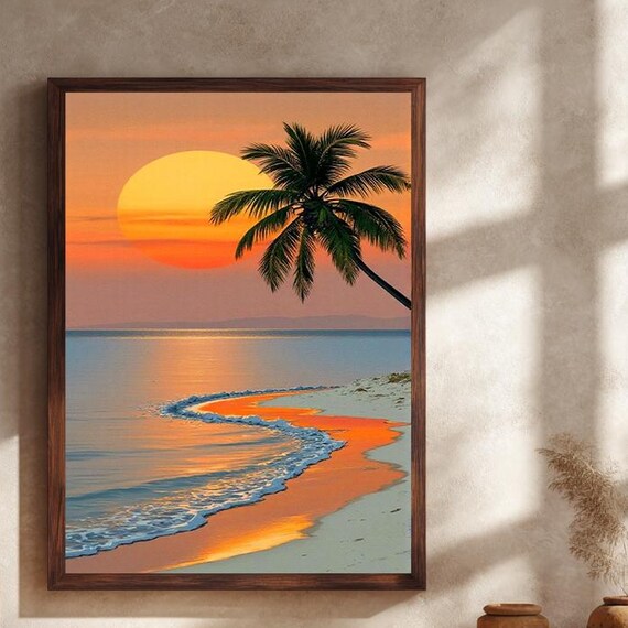 Tropical Sunset Beach Palm Tree Golden Reflection Serene Wall Art