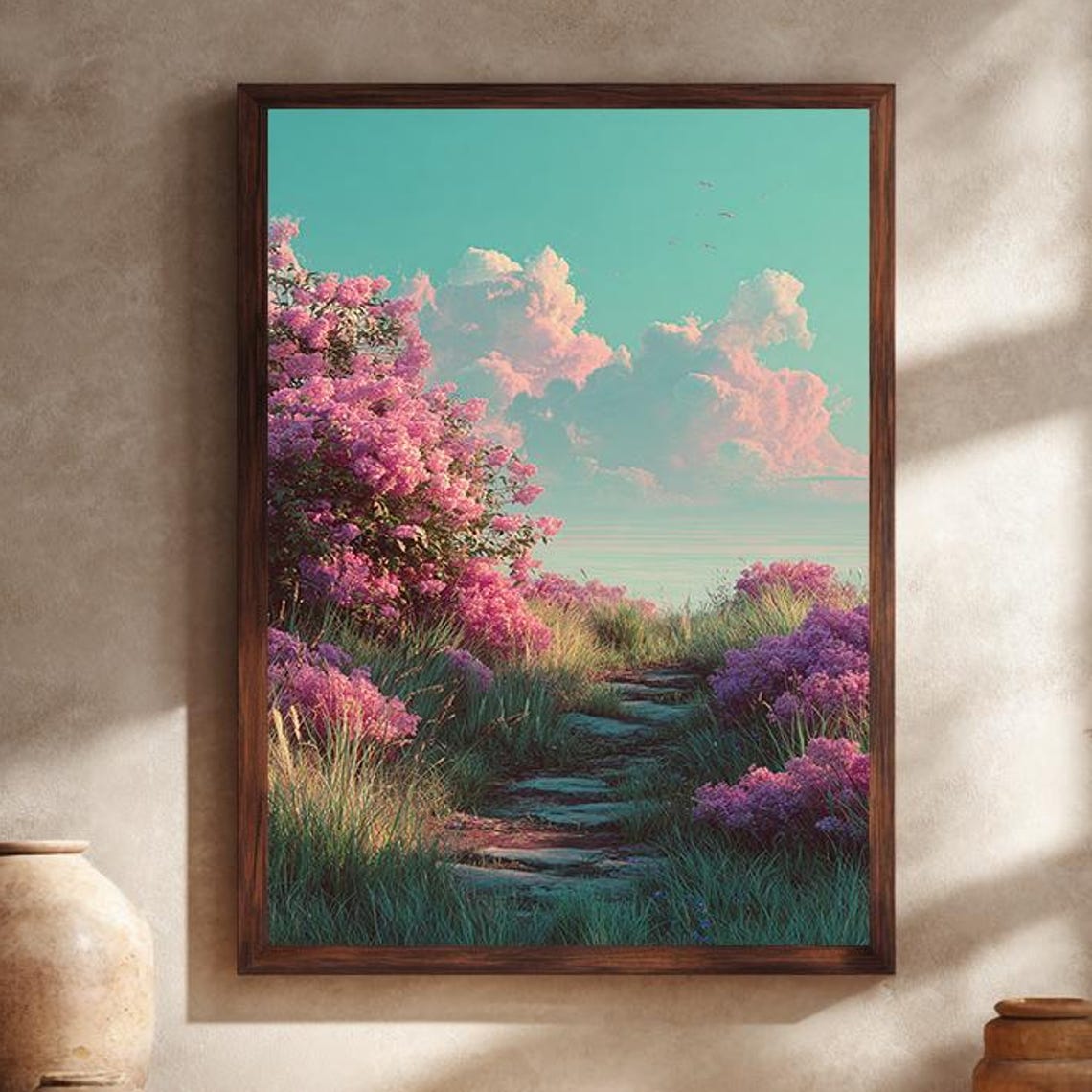 Dreamy Pink Flower Path Leading to the Sea Pastel Landscape Poster