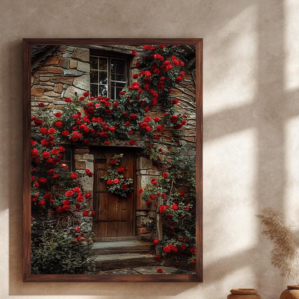 Rustic Stone Cottage Covered In Red Climbing Roses Vintage Poster