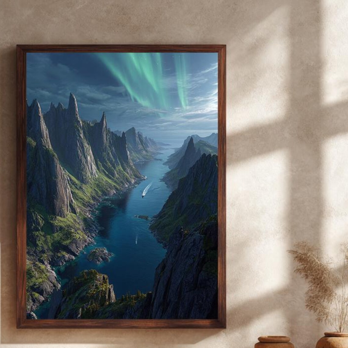 Northern Lights Fjord Poster Aurora Over Majestic Mountain Valley Art