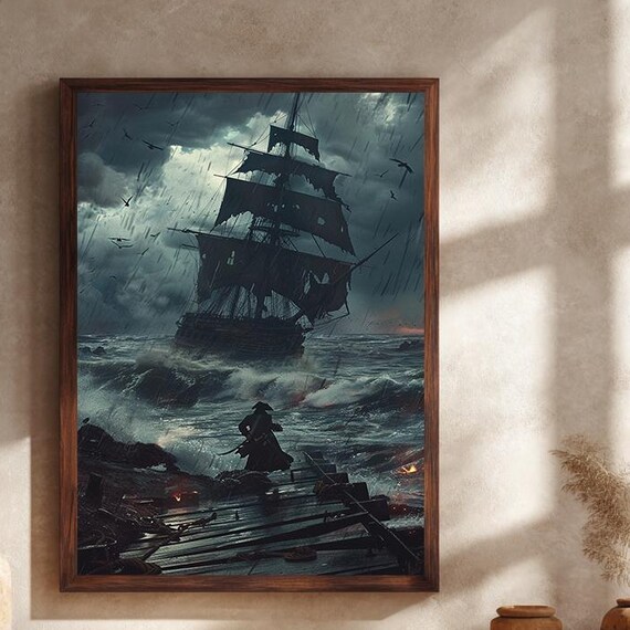 Stormy Pirate Ship Sailor Silhouette Dark Ocean Drama Poster