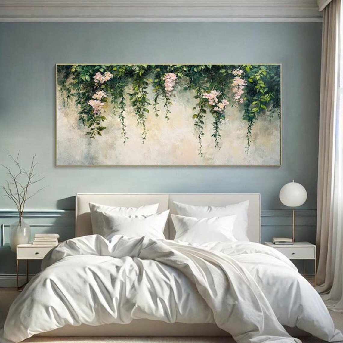 Hanging Green Vines With Pink Flowers Soft Botanical Art Poster - Image 3