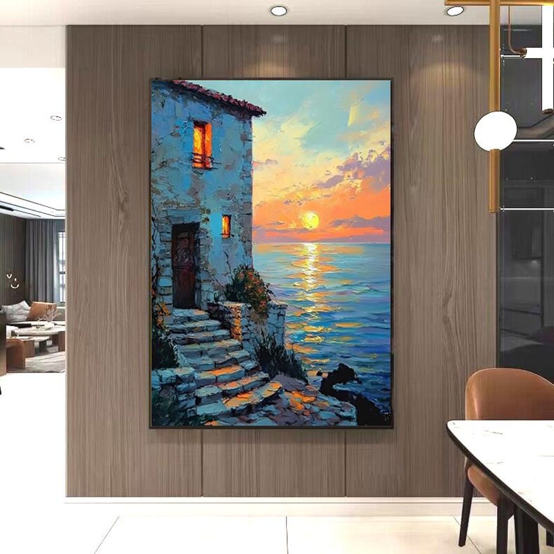 Mediterranean Stone Cottage Overlooking Sunset Seascape Poster - Image 6