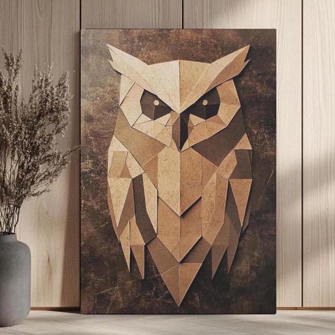 Rustic Wooden Geometric Owl Folded Paper Style Wildlife Poster