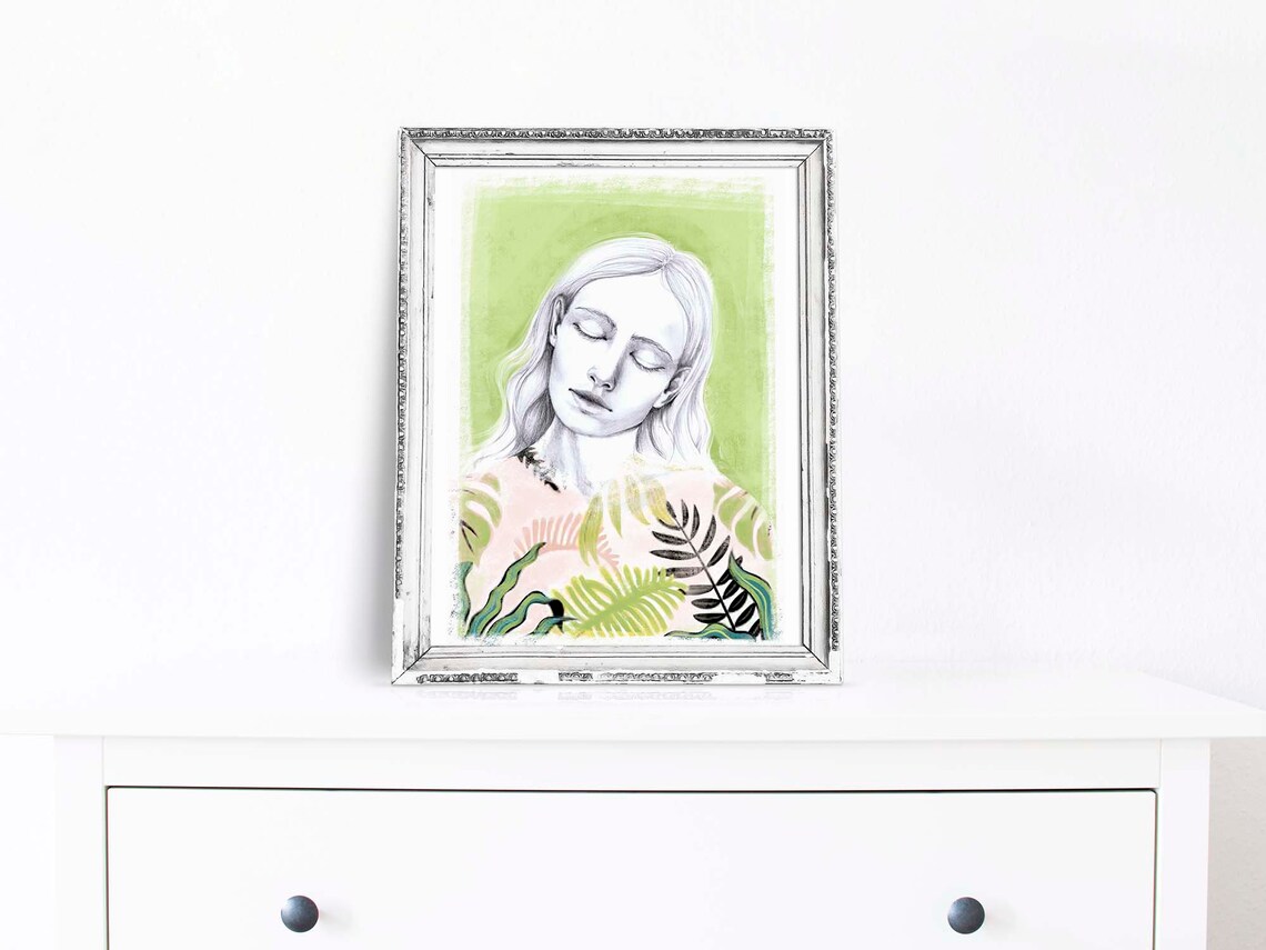 Sketch Portrait Blonde Woman Closed Eyes Green Mixed Media Art Print - Image 3