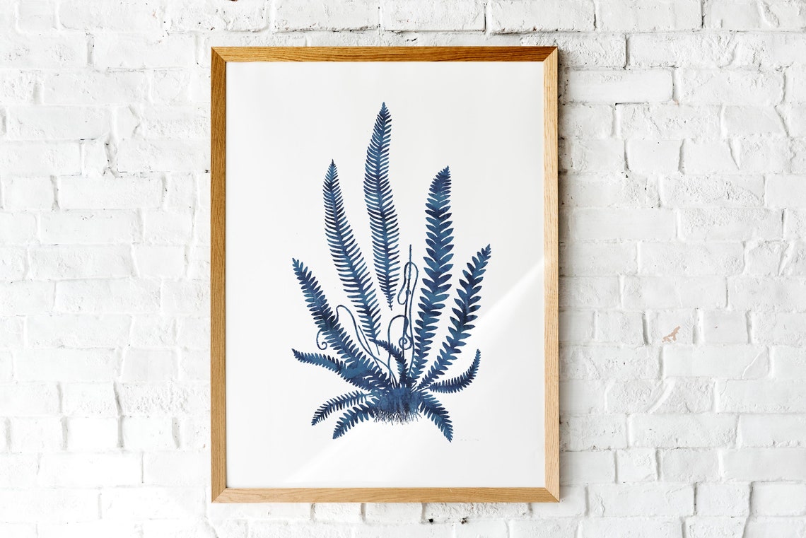 Indigo Blue Fern Cluster Bouquet Botanical Watercolor Poster