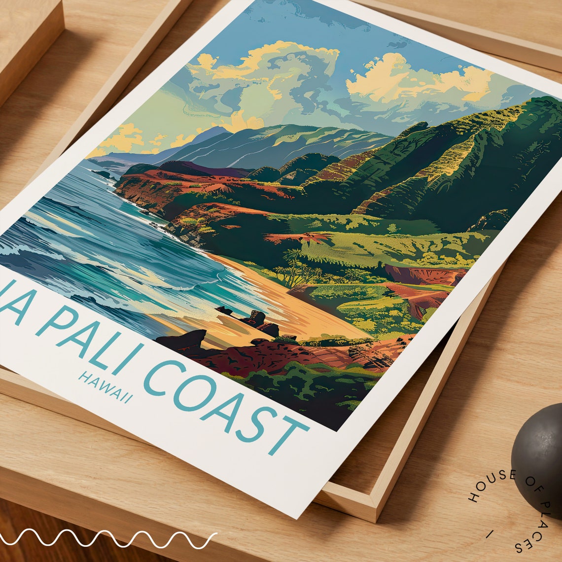 Na Pali Coast Hawaii Beach Waves Golden Shore Retro Travel Poster - Image 3