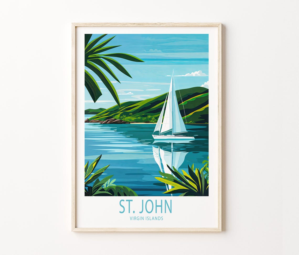 St. John Virgin Islands Sailboat on Turquoise Bay Coastline Poster - Image 3