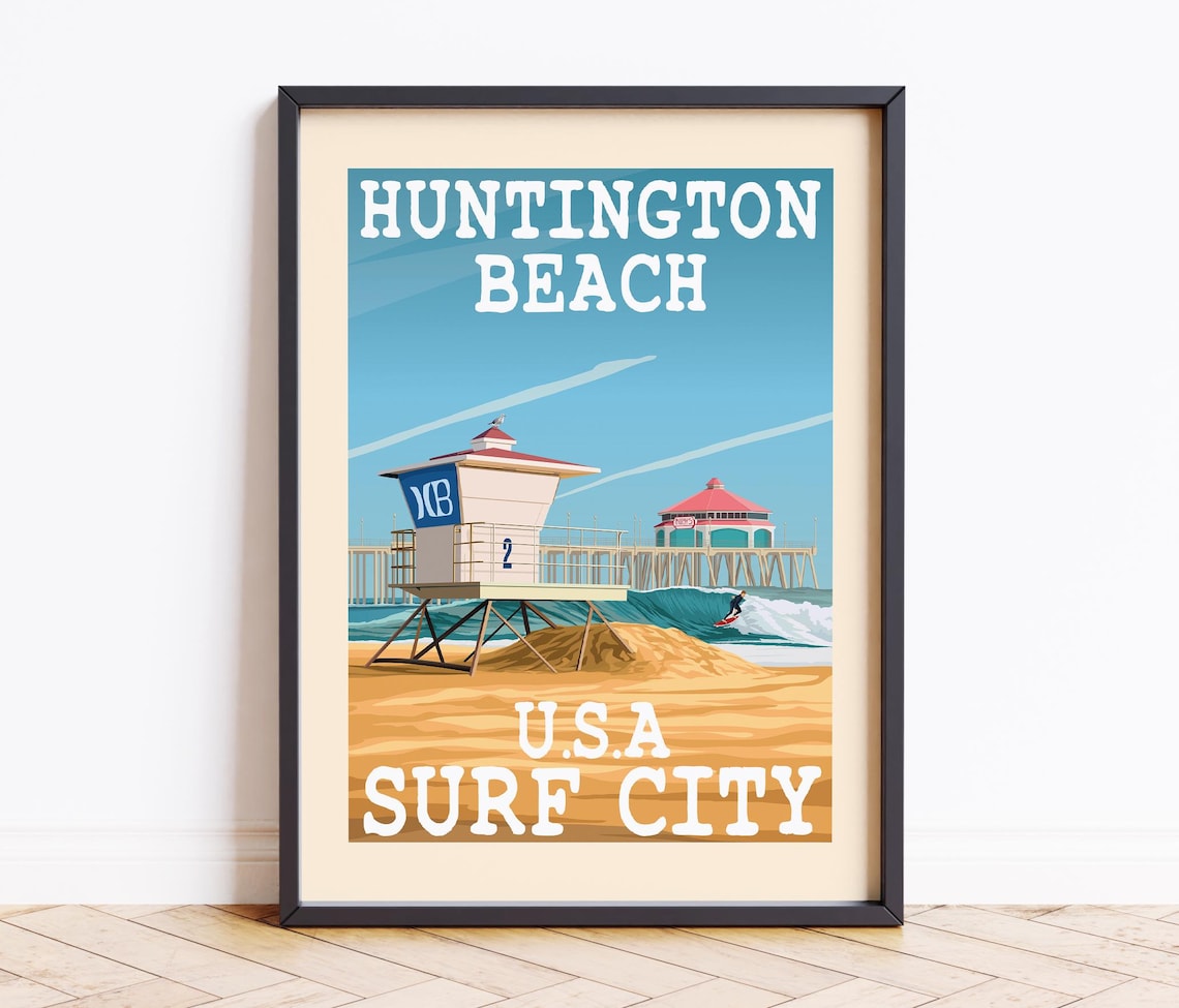 Huntington Beach Travel Poster, Pier Postcard Art Print