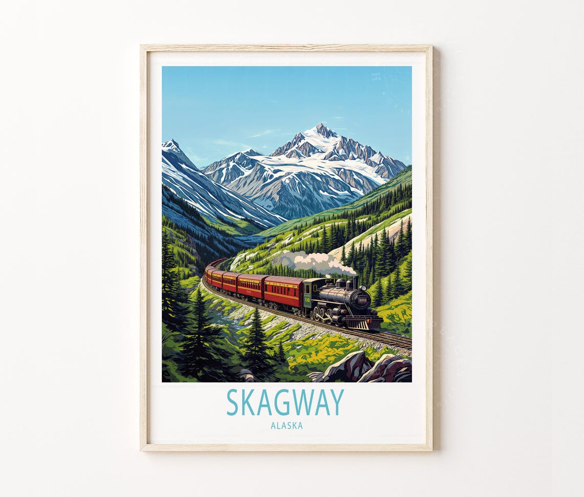 Skagway Alaska Vintage Train Snowy Peak Mountain Railroad Poster