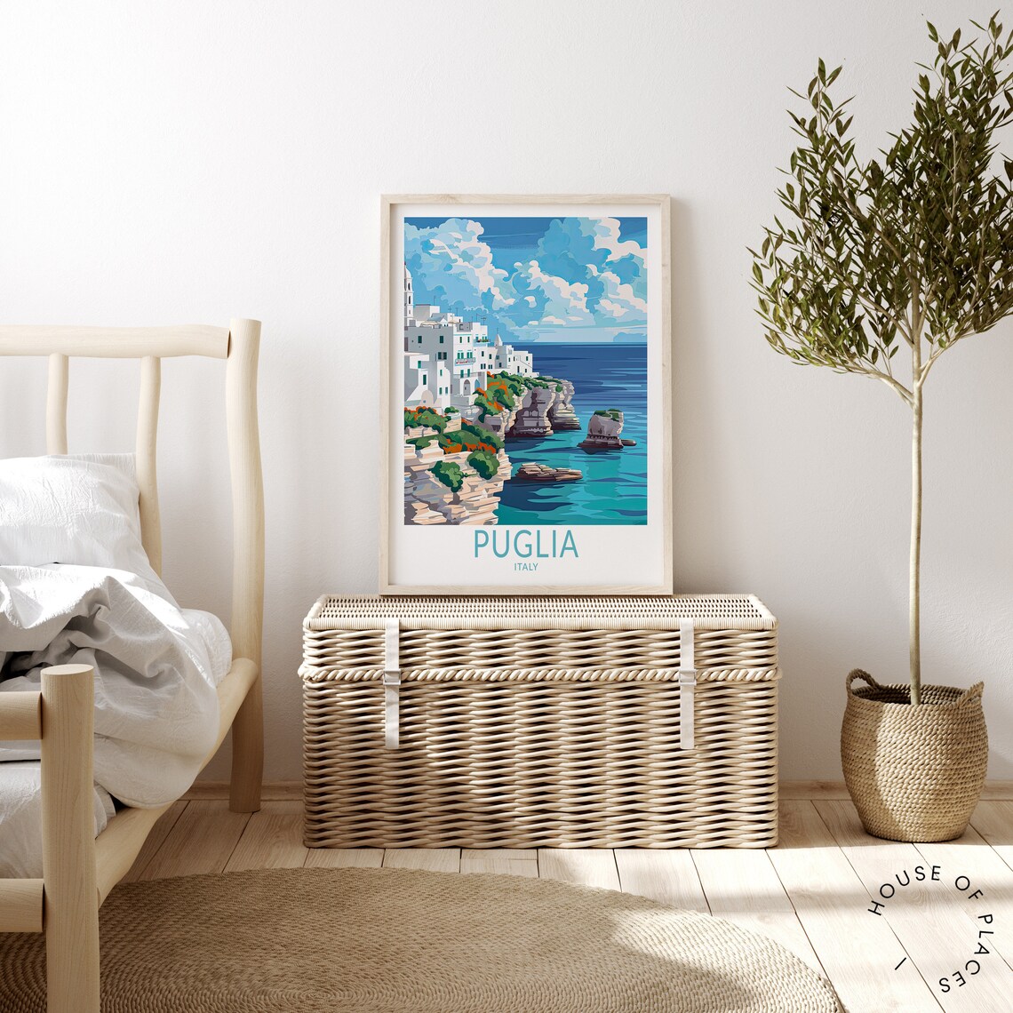 Puglia Italy Whitewashed Cliff Town Turquoise Sea Coast Travel Poster - Image 3