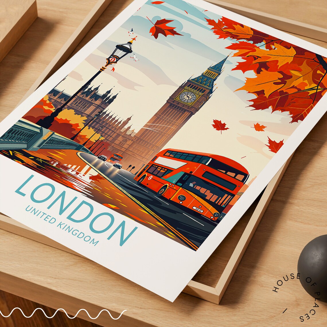 London Big Ben Clock Tower Red Bus Autumn Westminster Travel Poster - Image 3