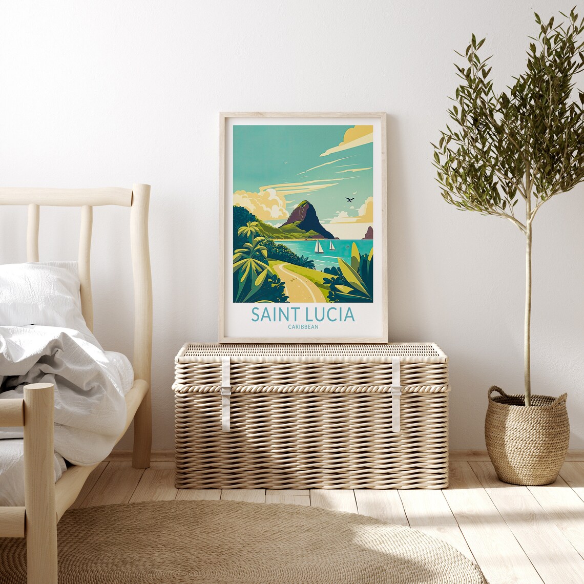Saint Lucia Caribbean Pitons Sailboats Tropical Bay Retro Travel Poster - Image 3