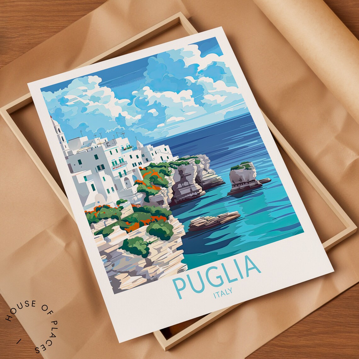 Puglia Italy Whitewashed Cliff Town Turquoise Sea Coast Travel Poster - Image 2