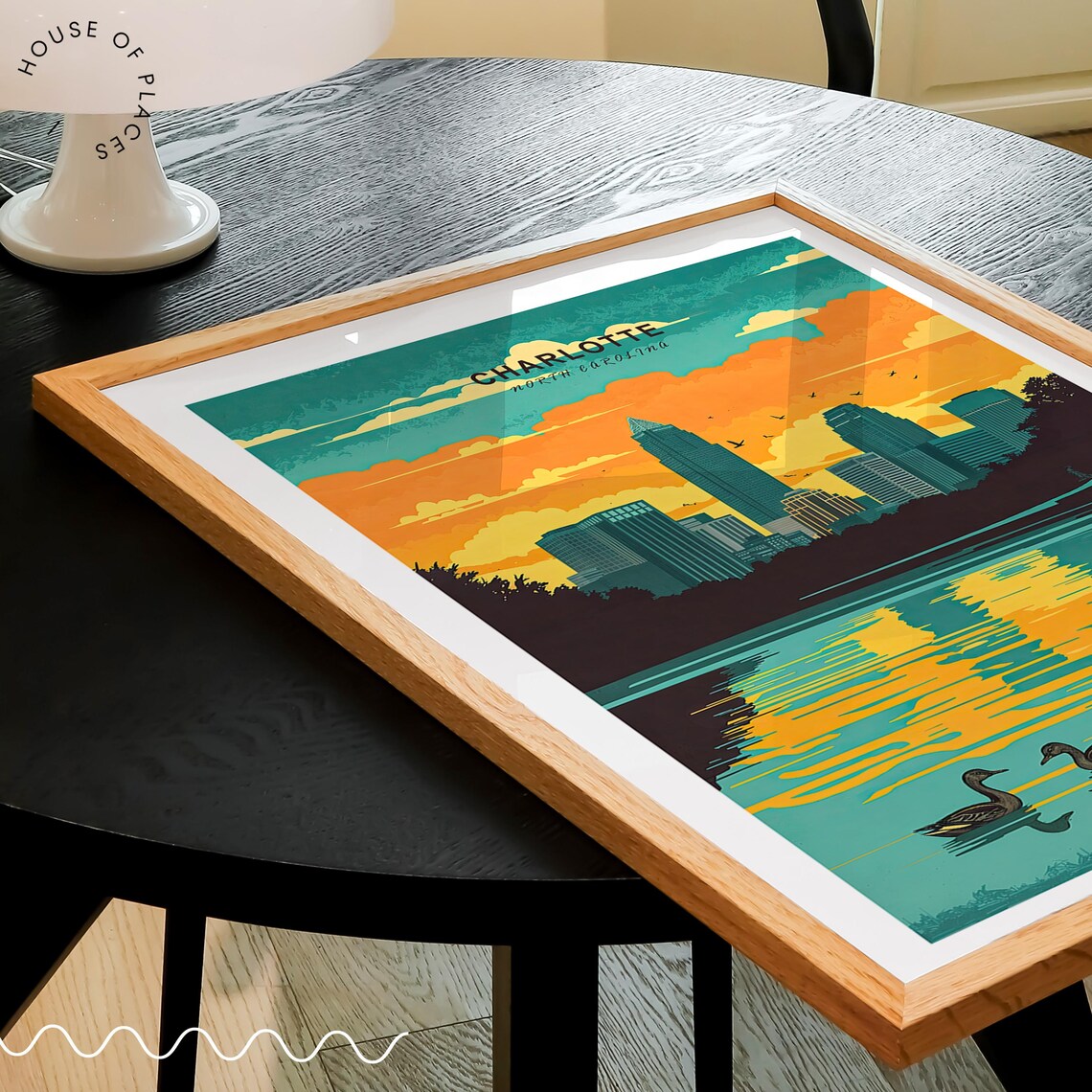Charlotte North Carolina Downtown Sunset Lake Ducks Art Poster - Image 3