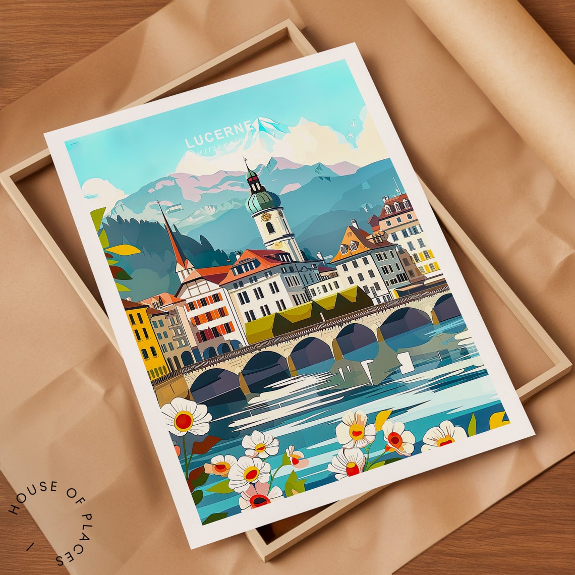Lucerne Switzerland Chapel Bridge Lakeside Old Town Travel Poster - Image 2