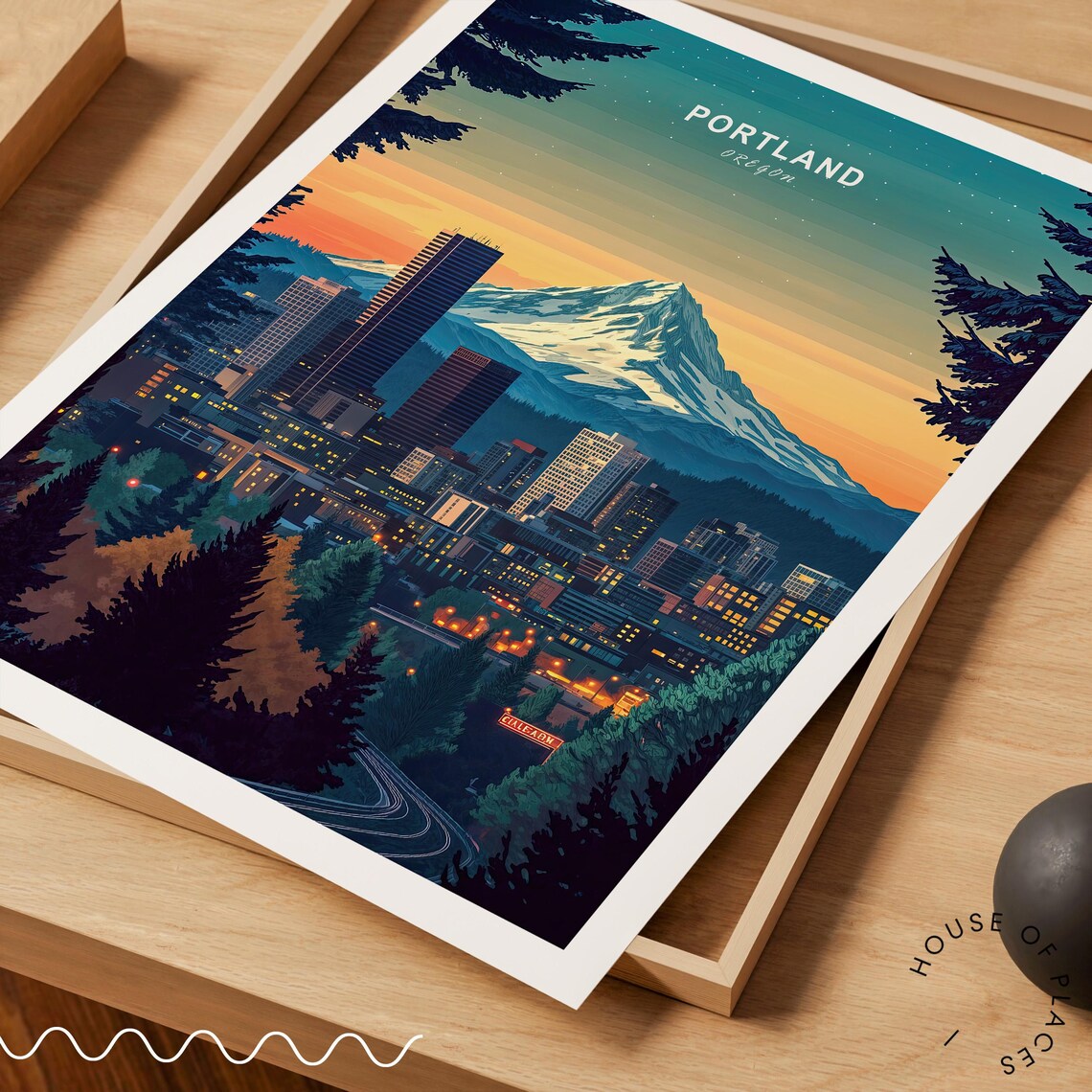 Portland Oregon Travel Poster Mount Hood Sunset Skyline at Dusk - Image 3