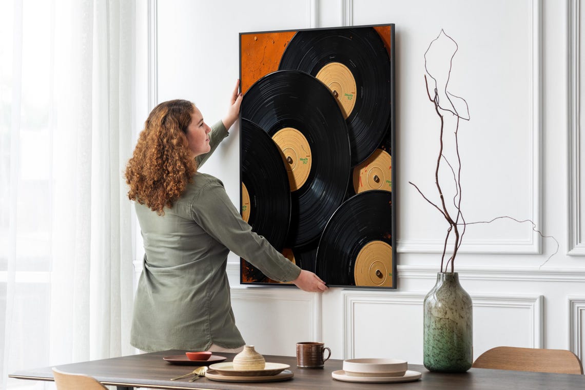 Overlapping Black Vinyl Records Beige Labels Burnt Orange Music Poster - Image 4