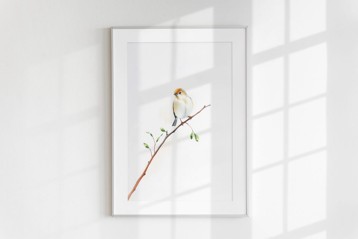 Tiny Bird On Branch Minimalist Watercolor Nature Sketch Wall Art Print - Image 6
