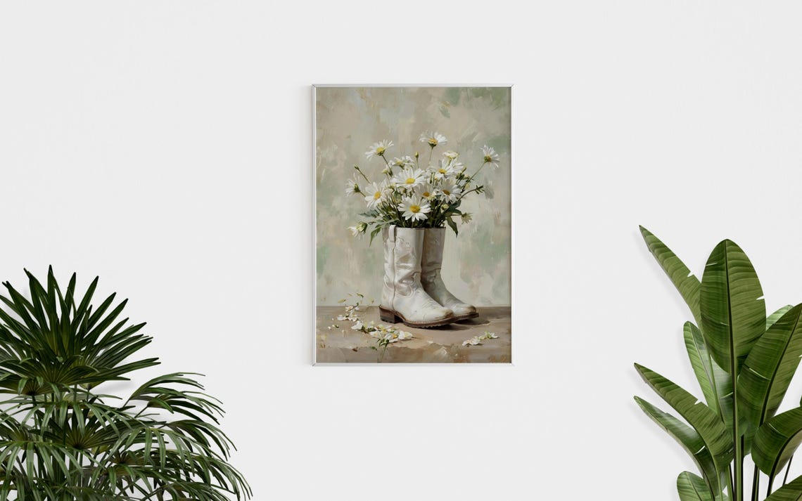 White Cowboy Boots Filled with White Daisies Rustic Western Art Poster - Image 3