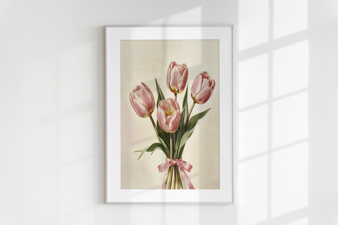 Pink Tulips Bouquet Tied with Pink Bow Botanical Girly Wall Art Print - Image 6