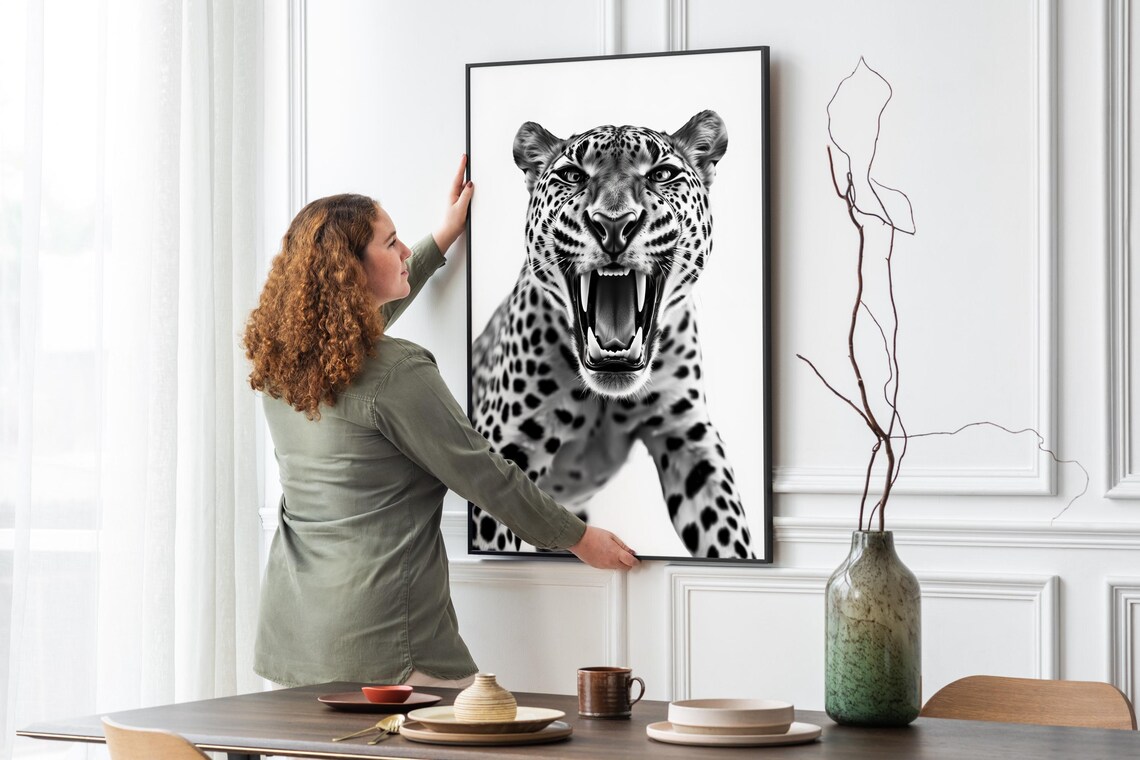 Leopard Roaring Black and White Wild Cat Animal Photography Wall Art - Image 5