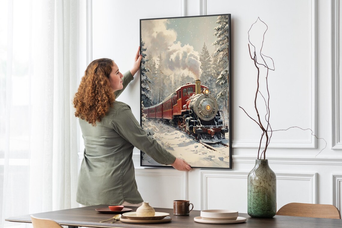 Vintage Red Steam Train in Snowy Forest Winter Holiday Wall Art Poster - Image 5