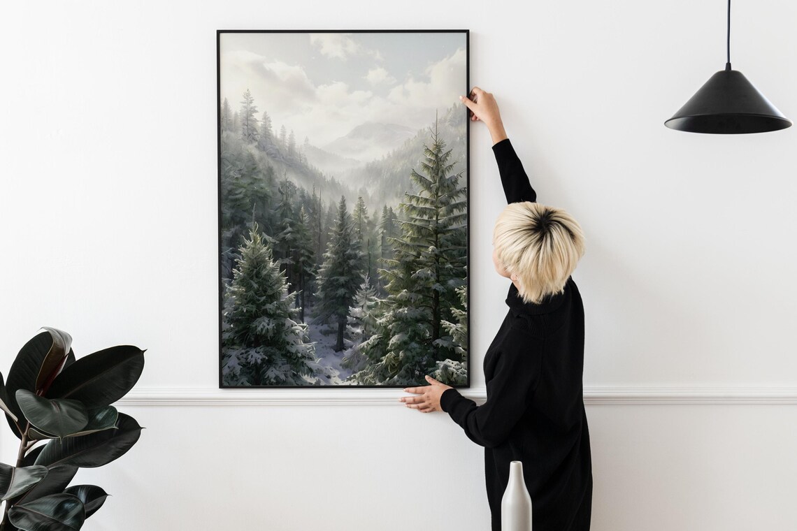 Snow Covered Pine Forest with Misty Mountains Winter Landscape Wall Poster - Image 2
