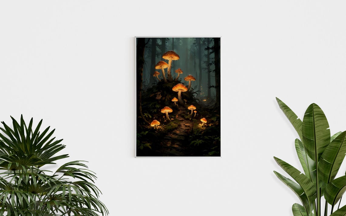 Enchanted Forest Glowing Orange Mushrooms Mystical Dark Woods Wall Art - Image 3