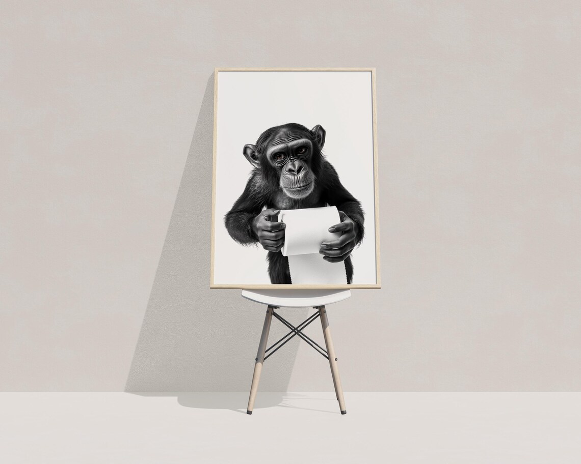 Chimpanzee Holding Toilet Paper Black And White Funny Bathroom Poster - Image 3