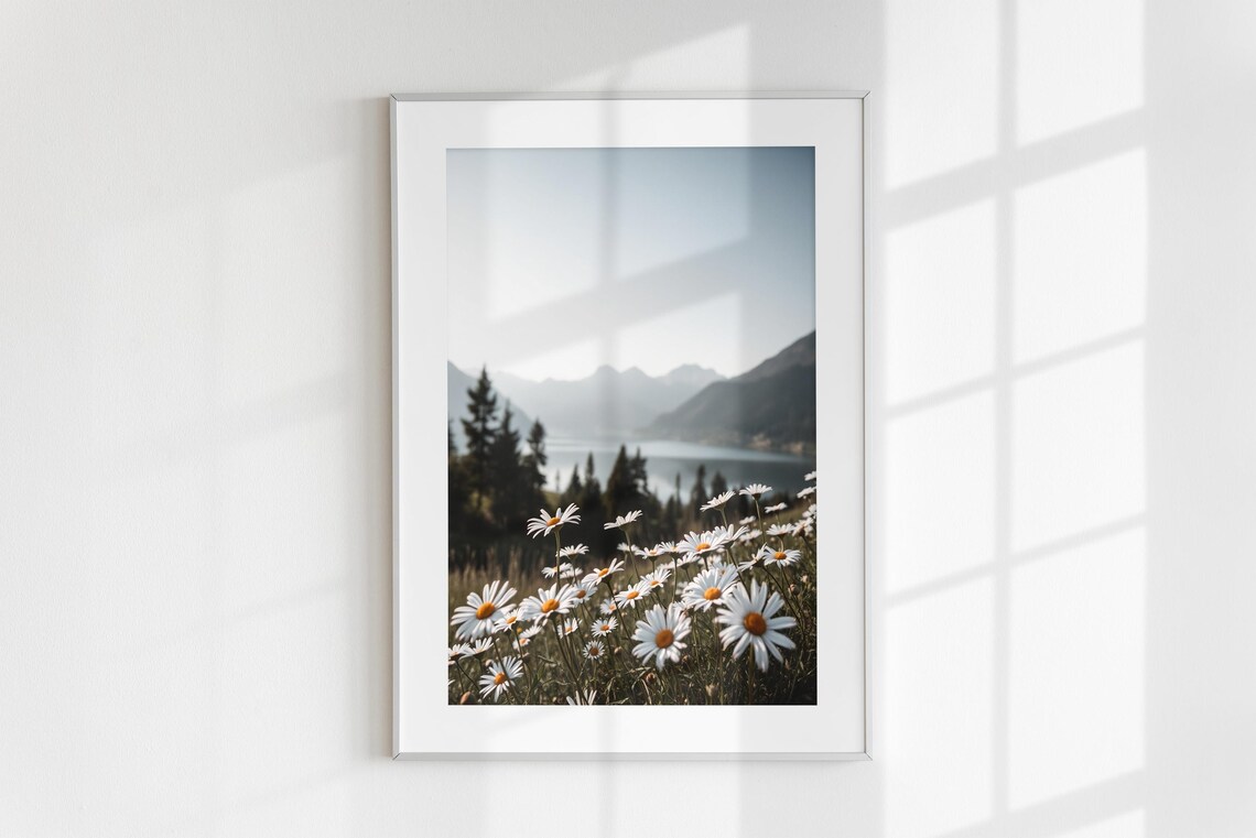 White Daisy Wildflowers Meadow Mountain Lake View Photography Poster - Image 6