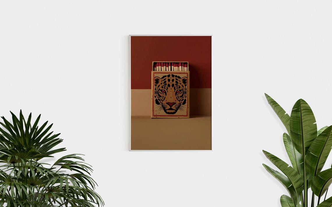 Vintage Leopard Matchbox Cover Red Burnt Orange Retro Wall Poster - Image 2