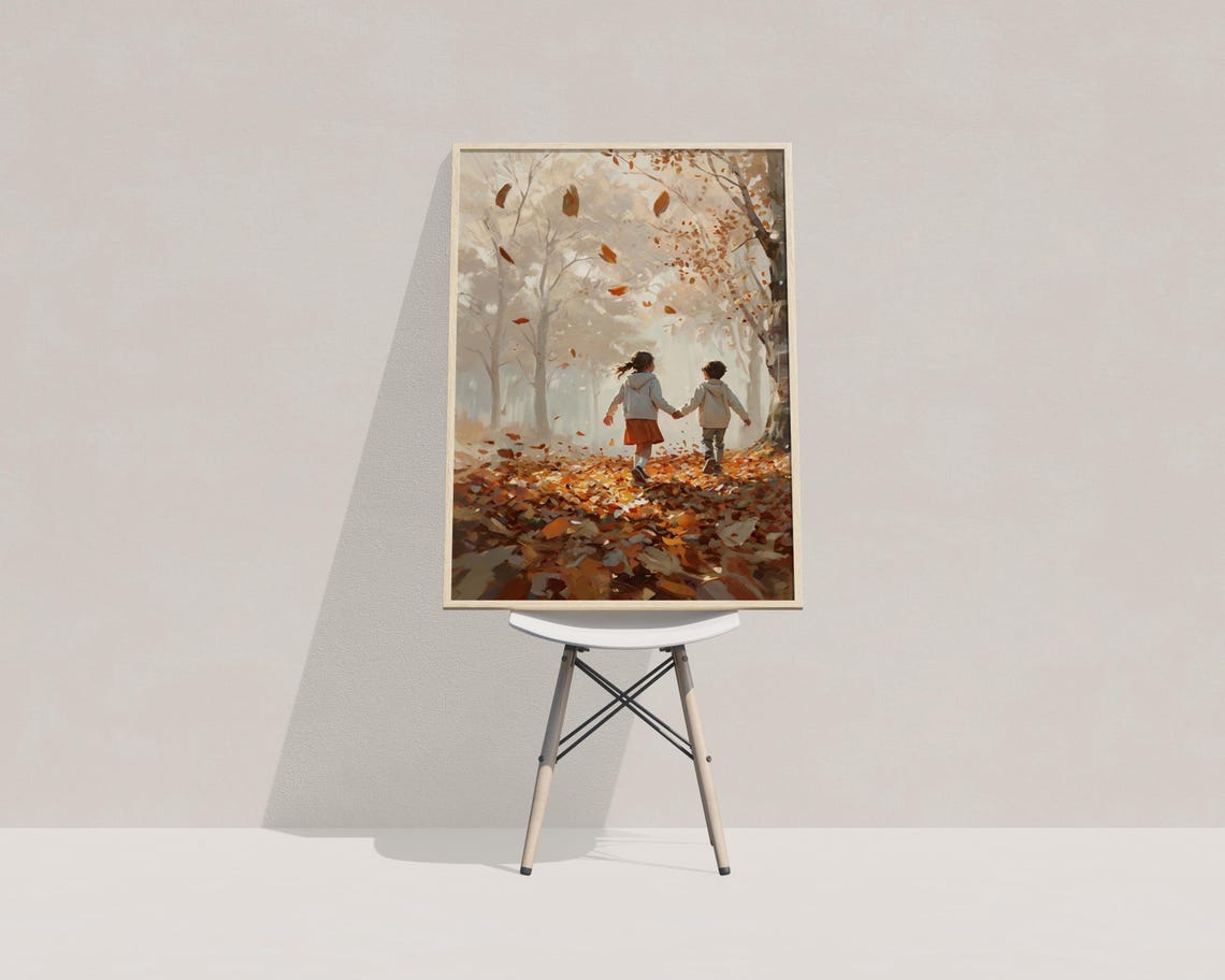 Kids Walking Autumn Forest Falling Leaves Painting Warm Fall Wall Art - Image 3