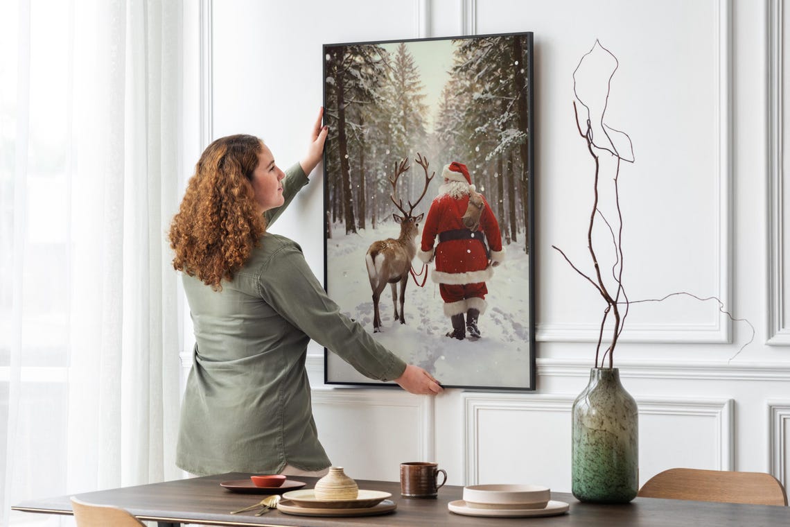 Santa Claus Walking with Reindeer in Snowy Forest Christmas Art Poster - Image 5