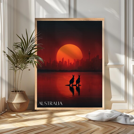 Australia Kangaroo Silhouettes Red Sunset Skyline Travel Poster