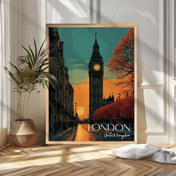 London Big Ben Sunset Double Decker Bus United Kingdom Travel Poster