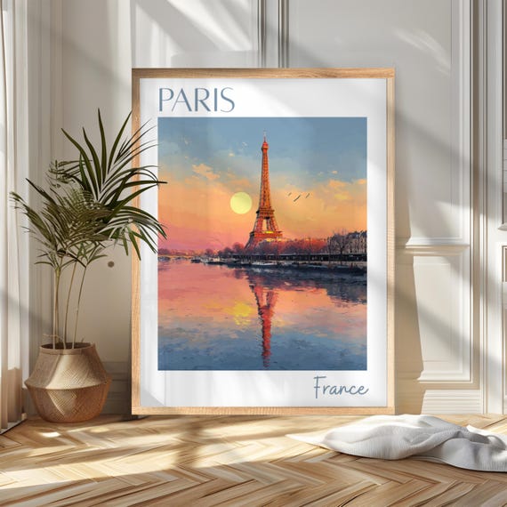 Paris France Eiffel Tower Sunset Seine River Romantic Travel Poster