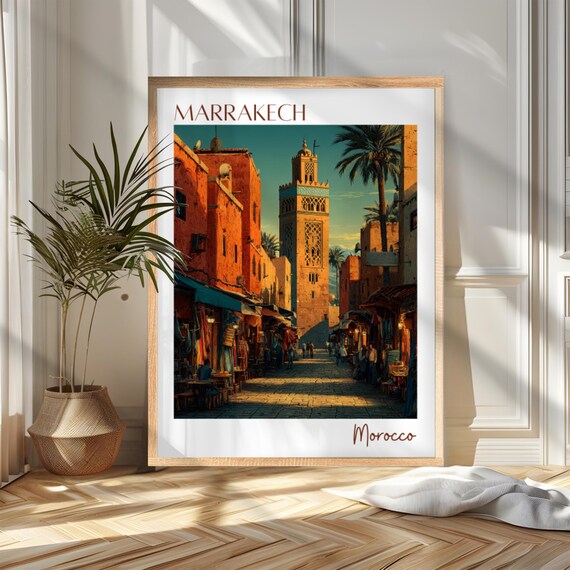 Marrakech Morocco Koutoubia Minaret Medina Market Vintage Travel Poster