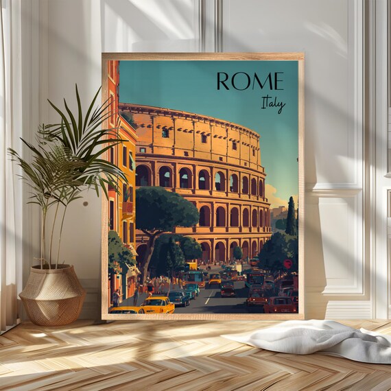 Rome Colosseum Street Traffic Sunset Italy Vintage Travel Poster