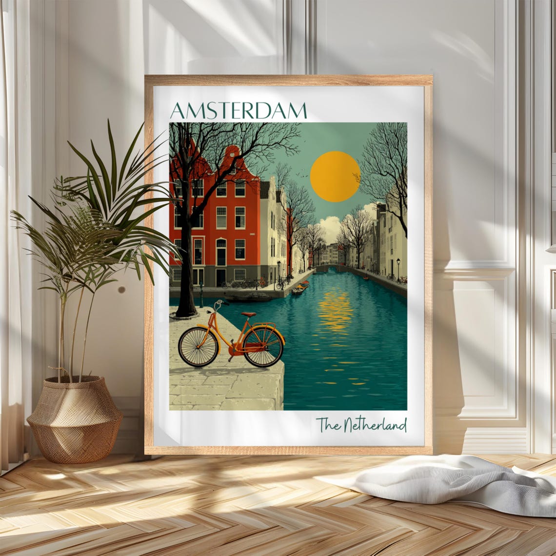 Amsterdam Canal Orange Bicycle Vintage Netherlands Travel Poster